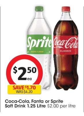 Coca-Cola, Fanta or Sprite Soft Drink 1.25 Litre