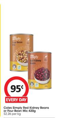 Coles Simply Red Kidney Beans or Four Bean Mix 420g