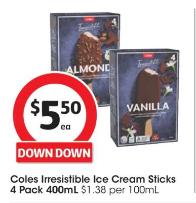 Coles Irresistible Ice Cream Sticks 4 Pack 400mL