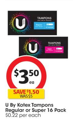 U by Kotex Tampons Regular or Super 16 Pack