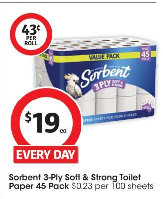 Sorbent 3-Ply Soft & Strong Toilet Paper 45 Pack