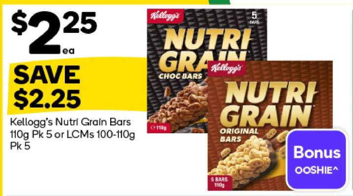 Kellogg's Nutri Grain Bars 110g Pk 5 or LCMs 100-110g Pk 5