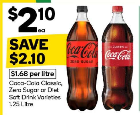 Coca-Cola Classic, Zero Sugar or Diet Soft Drink Varieties 1.25 Litre