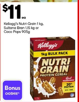 Kellogg’s Nutri-Grain 1 kg, Sultana Bran 1.15 kg or Coco Pops 905g