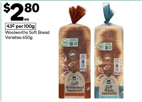 Woolworths Soft Bread Varieties 650g