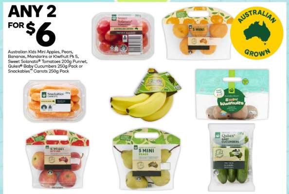Australian Kids Mini Apples, Pears, Bananas, Mandarins or Kiwifruit, Pick & Sweet Solanato® Tomatoes 200g Punnet, Qukes® Baby Cucumbers 250g Pack or Snackables™ Carrots 250g Pack