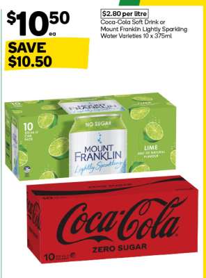 Coca-Cola Soft Drink or Mount Franklin Lightly Sparkling Water Varieties 10 x 375ml