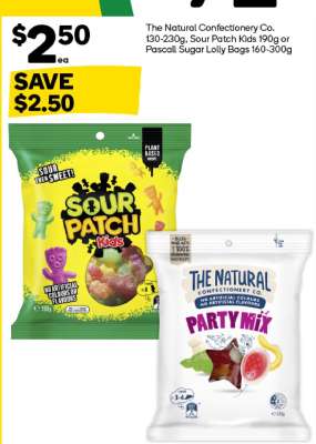 The Natural Confectionery Co. 130-230g, Sour Patch Kids 190g or Pascall Sugar Lolly Bags 160-300g