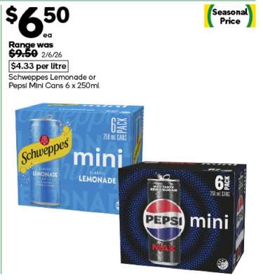 Schweppes Lemonade or Pepsi Mini Cans 6 x 250ml