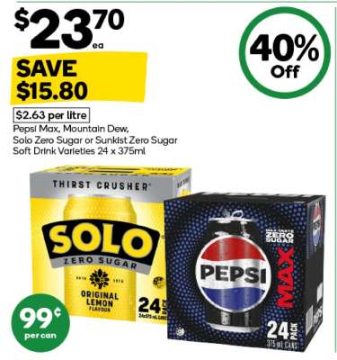 Pepsi Max, Mountain Dew, Solo Zero Sugar or Sunkist Zero Sugar Soft Drink Varieties 24 x 375ml