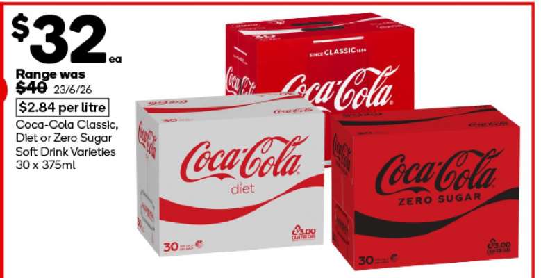 Coca-Cola Classic, Diet or Zero Sugar Soft Drink Varieties 30 x 375ml
