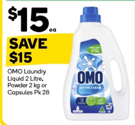 OMO Laundry Liquid 2 Litre, Powder 2 kg or Capsules Pk 28