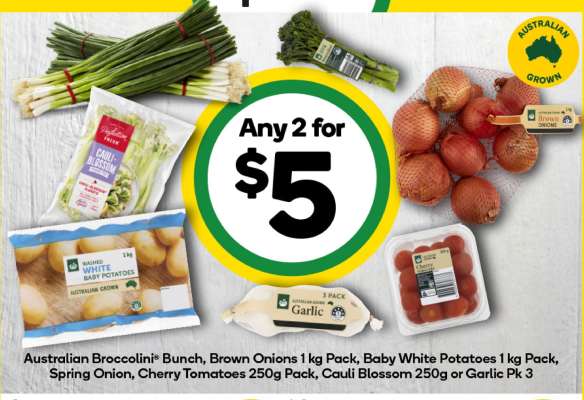 Australian Broccolini® Bunch, Brown Onions 1 kg Pack, Baby White Potatoes 1 kg Pack, Spring Onion, Cherry Tomatoes 250g Pack, Cauli Blossom 250g or Garlic Pk 3