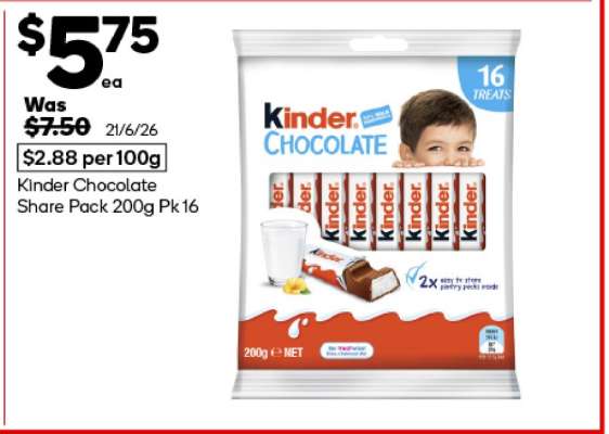 Kinder Chocolate Share Pack 200g Pk 16