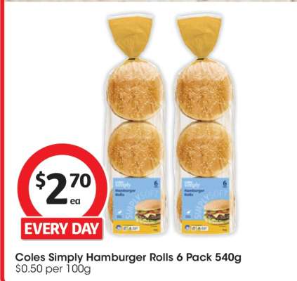 Coles Simply Hamburger Rolls 6 Pack 540g