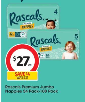 Rascals Premium Jumbo Nappies 54 Pack-108 Pack