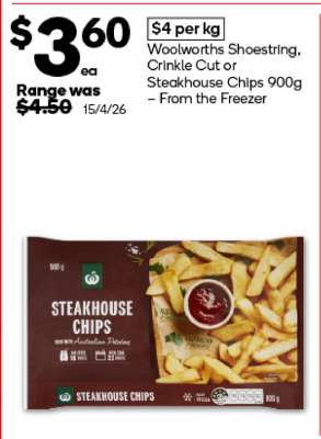 Woolworths Shoestring, Crinkle Cut or Steakhouse Chips 900g