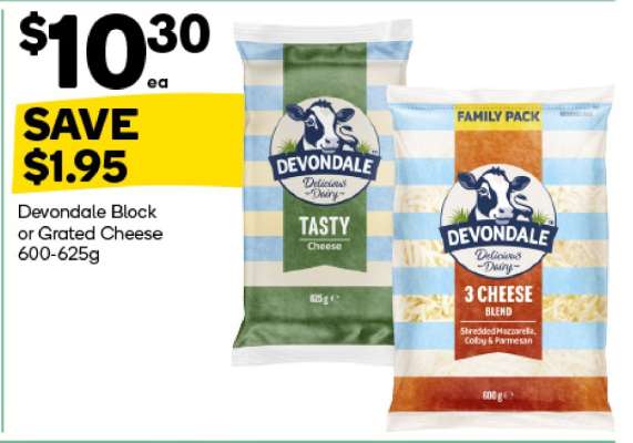 Devondale Block or Grated Cheese 600-625g