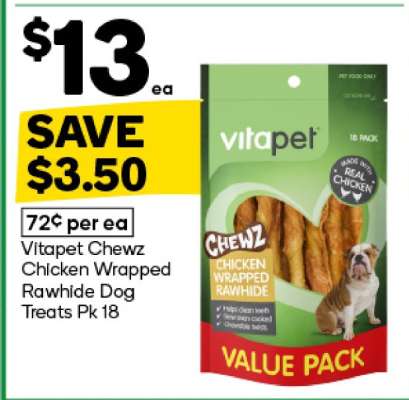 Vitapet Chewz Chicken Wrapped Rawhide Dog Treats Pk 18