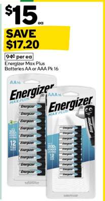 Energizer Max Plus Batteries AA or AAA Pk 16