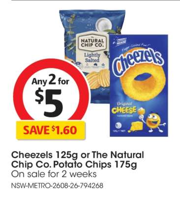 Cheezels 125g or The Natural Chip Co. Potato Chips 175g