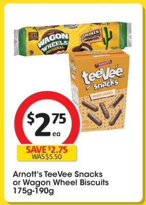 Arnott's TeeVee Snacks or Wagon Wheel Biscuits