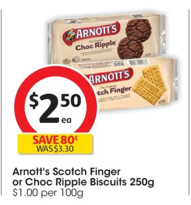 Arnott's Scotch Finger or Choc Ripple Biscuits 250g