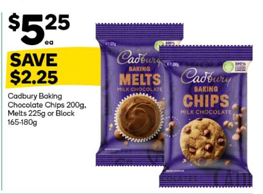 Cadbury Baking Chocolate Chips 200g, Melts 225g or Block 165-180g