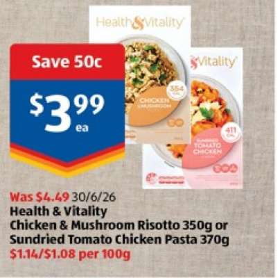 Health & Vitality Chicken & Mushroom Risotto 350g or Sundried Tomato Chicken Pasta 370g