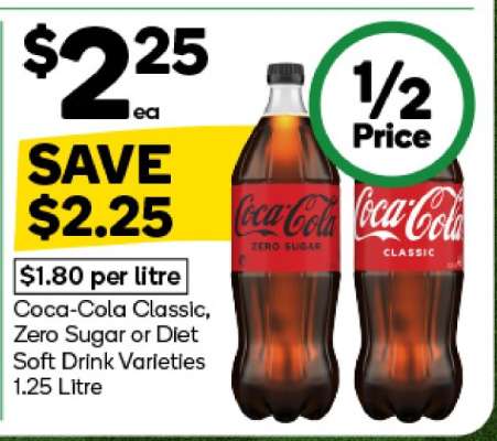 Coca-Cola Classic, Zero Sugar or Diet Soft Drink Varieties 1.25 Litre