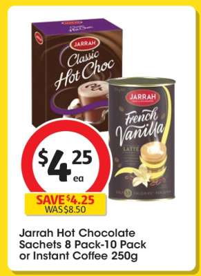 Jarrah Hot Chocolate Sachets 8 Pack-10 Pack or Instant Coffee 250g
