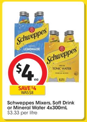 Schweppes Mixers, Soft Drink or Mineral Water 4x300mL