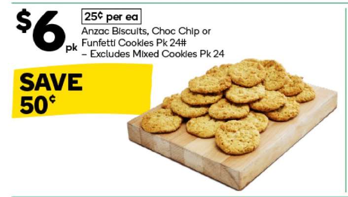 Anzac Biscuits, Choc Chip or Funfetti Cookies Pk 24#