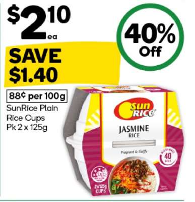 SunRice Plain Rice Cups Pk 2 x 125g