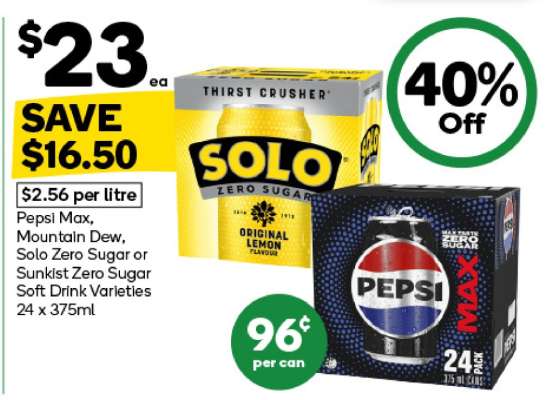 Pepsi Max, Mountain Dew, Solo Zero Sugar or Sunkist Zero Sugar Soft Drink Varieties 24 x 375ml