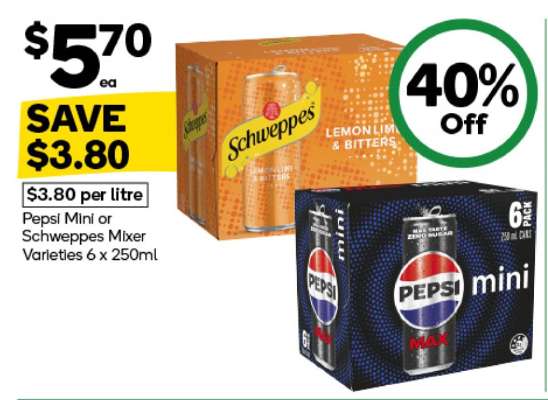 Pepsi Mini or Schweppes Mixer Varieties 6 x 250ml