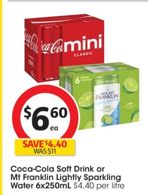 Coca-Cola Soft Drink or Mt Franklin Lightly Sparkling Water 6x250mL