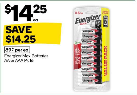 Energizer Max Batteries AA or AAA Pk 16