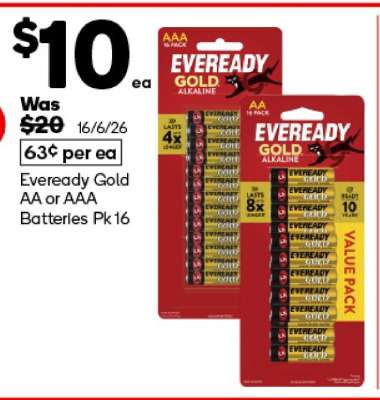Eveready Gold AA or AAA Batteries Pk16