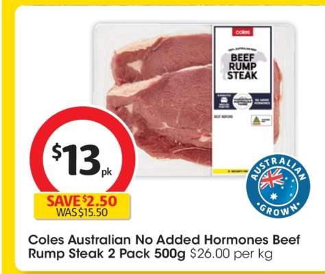 Coles Australian No Added Hormones Beef Rump Steak 2 Pack 500g