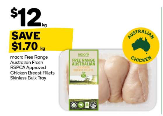 Macro Free Range Australian Fresh RSPCA Approved Chicken Breast Fillets Skinless Bulk Tray