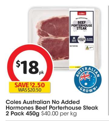 Coles Australian No Added Hormones Beef Porterhouse Steak 2 Pack 450g