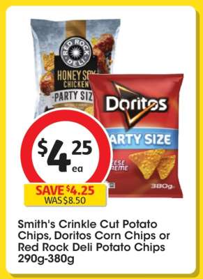 Smith's Crinkle Cut Potato Chips, Doritos Corn Chips or Red Rock Deli Potato Chips
