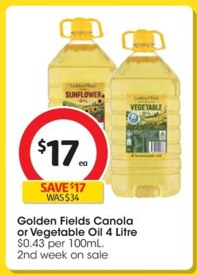 Golden Fields Canola or Vegetable Oil 4 Litre