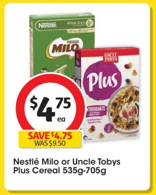 Nestlé Milo or Uncle Tobys Plus Cereal 535g-705g