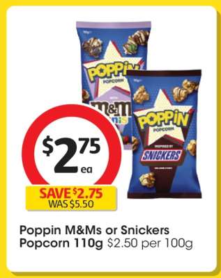 Poppin M&Ms or Snickers Popcorn 110g