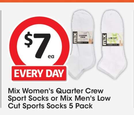 Mix Women's Quarter Crew Sport Socks or Mix Men's Low Cut Sports Socks 5 Pack