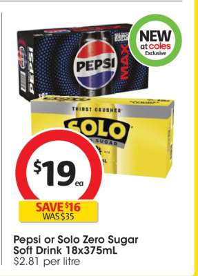 Pepsi or Solo Zero Sugar Soft Drink 18x375mL