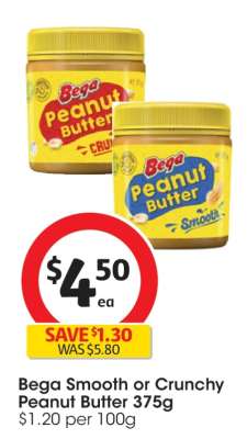 Bega Smooth or Crunchy Peanut Butter 375g