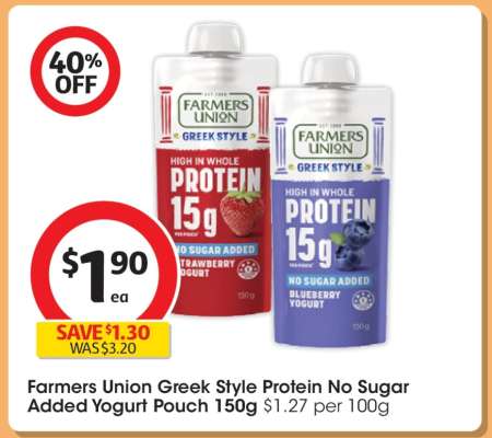 Farmers Union Greek Style Protein No Sugar Added Yogurt Pouch 150g